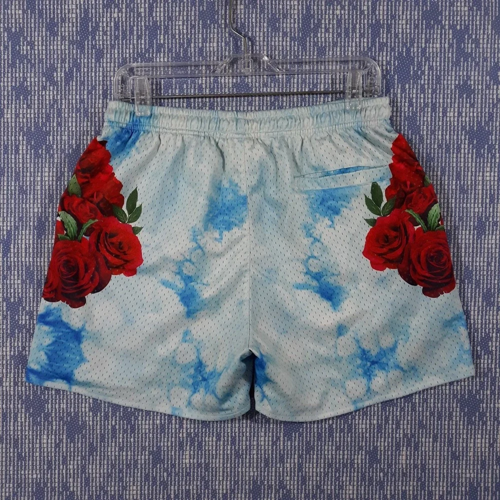 YoungLA Shorts Mens Large Athletic Elastic Waist Blue Red Roses Floral
